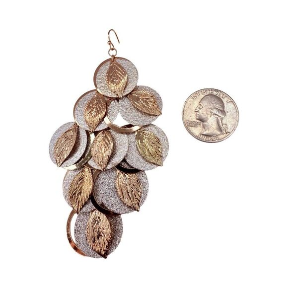 Gold & Silver-Tone Layered Leaf Dangle Earrings 4.5" Statement Chandelier Boho - Picture 7 of 10